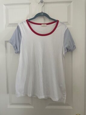T.La White Tee with Light Blue Sleeves and Red Neck Trim